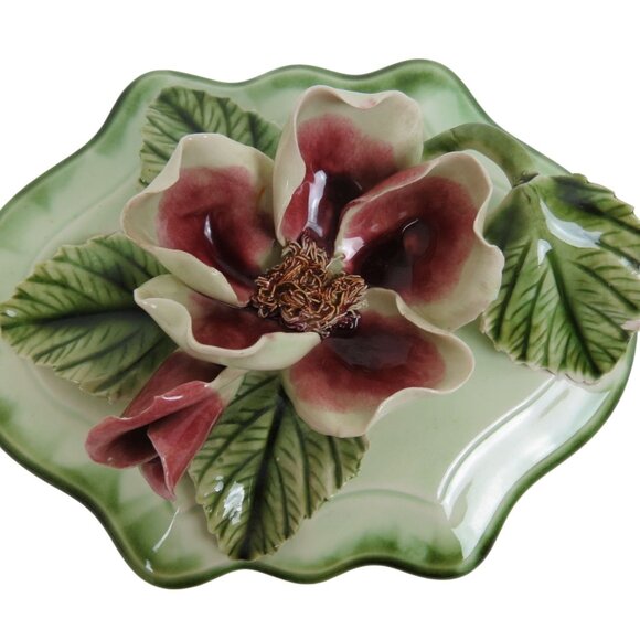 VINTAGE 40s 50s Burgundy Red Rose and Green Porcelain Trinket Box - Picture 5 of 9
